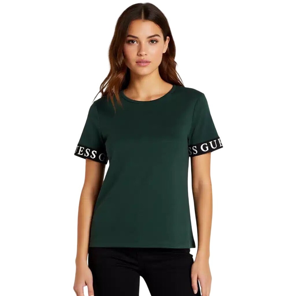 Guess Women Dark Jade Ribbed Logo Tape Sleeve T-Shirt XL NWT